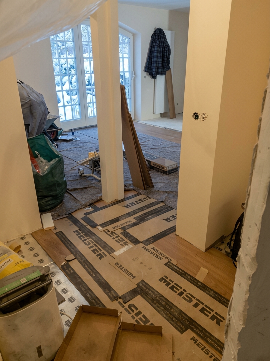 Verlegen des neuen Echtholzbodens auf Trittschalldämmung; die Wände sind bereits gestrichen.