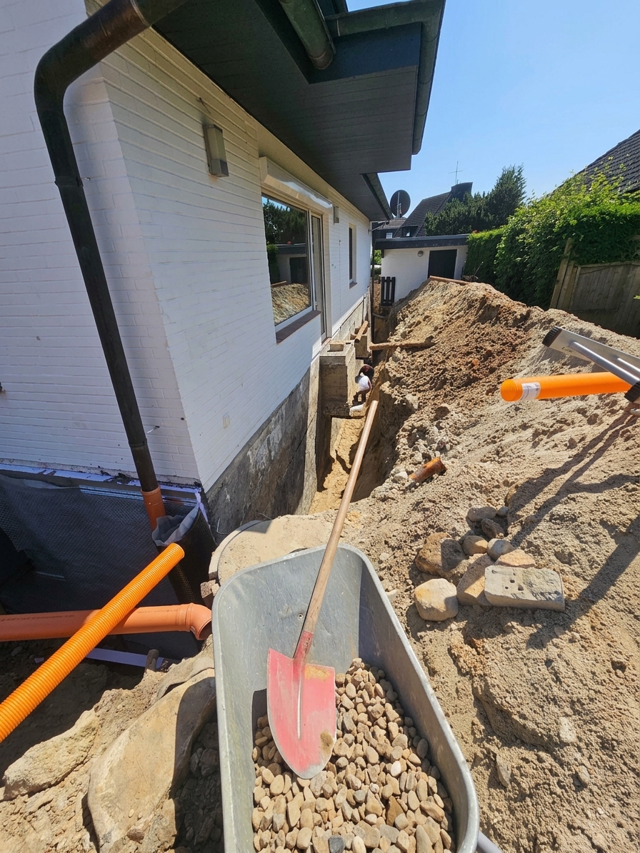 Der offene Arbeitsgraben entlang des Hauses mit vorbereiteten Drainageleitungen und Filterkies.