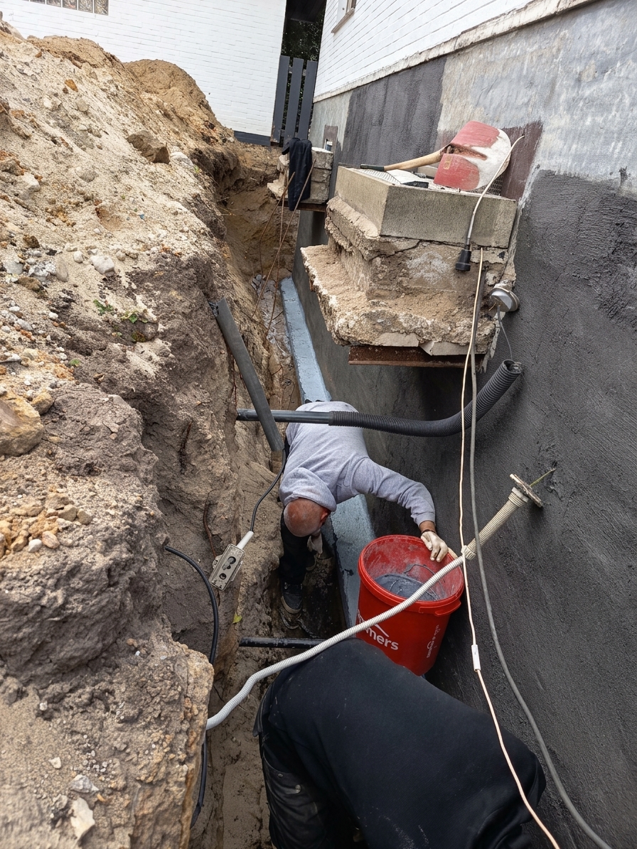 Auftrag der Dichtungsschlämme in der tiefen Baugrube, im Hintergrund das Fundament der späteren Terrasse.