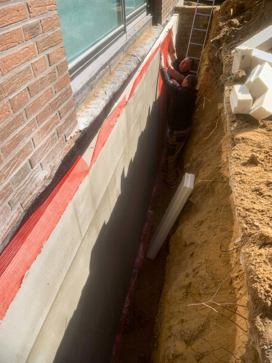 Einbau der Schutz- und Drainschicht auf der abgedichteten Wand, während die Perimeterdämmung am Grabenrand bereitliegt.