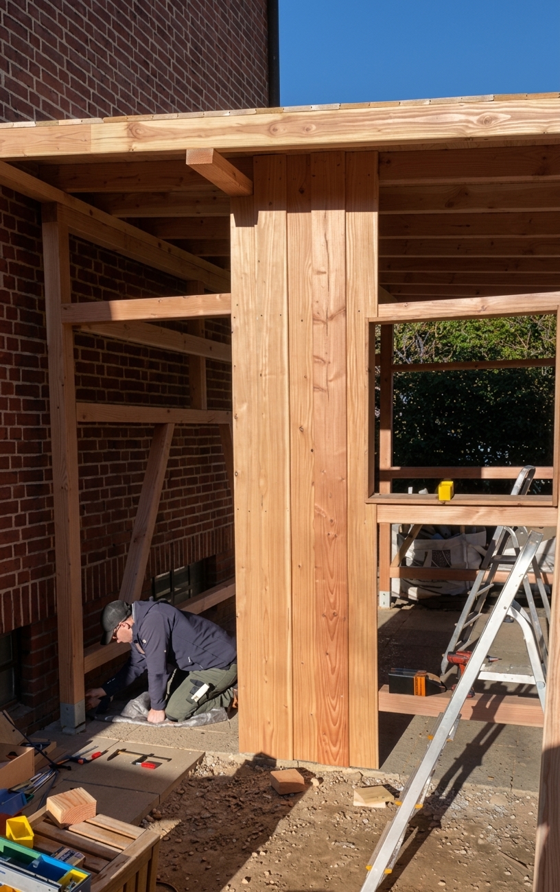 Rohbau des Gartenhauses: Ständerkonstruktion aus Lärchenholz mit Pultdach, an die Hauswand angebaut.