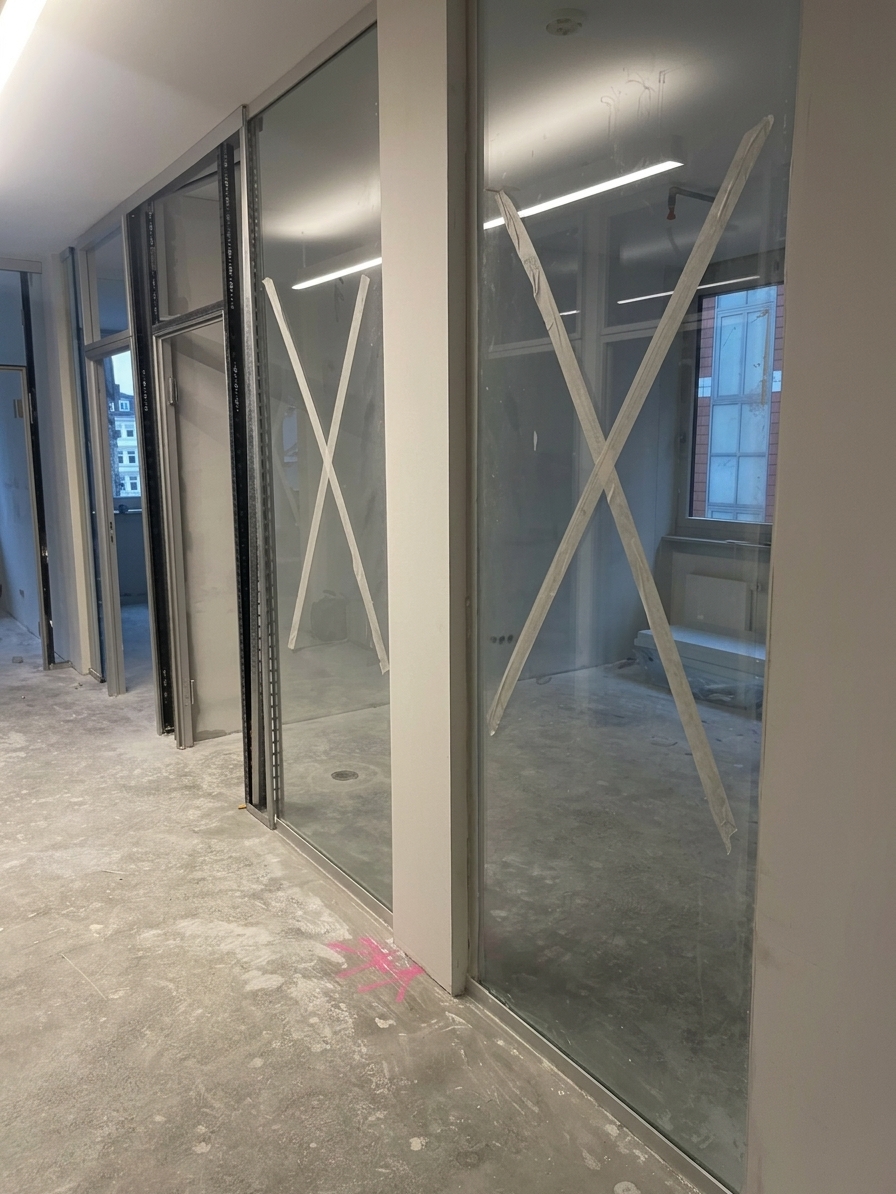 Die neuen raumhohen Glastrennwände gliedern die Fläche in einzelne Büros; die Scheiben sind noch mit Warnkreuzen beklebt.