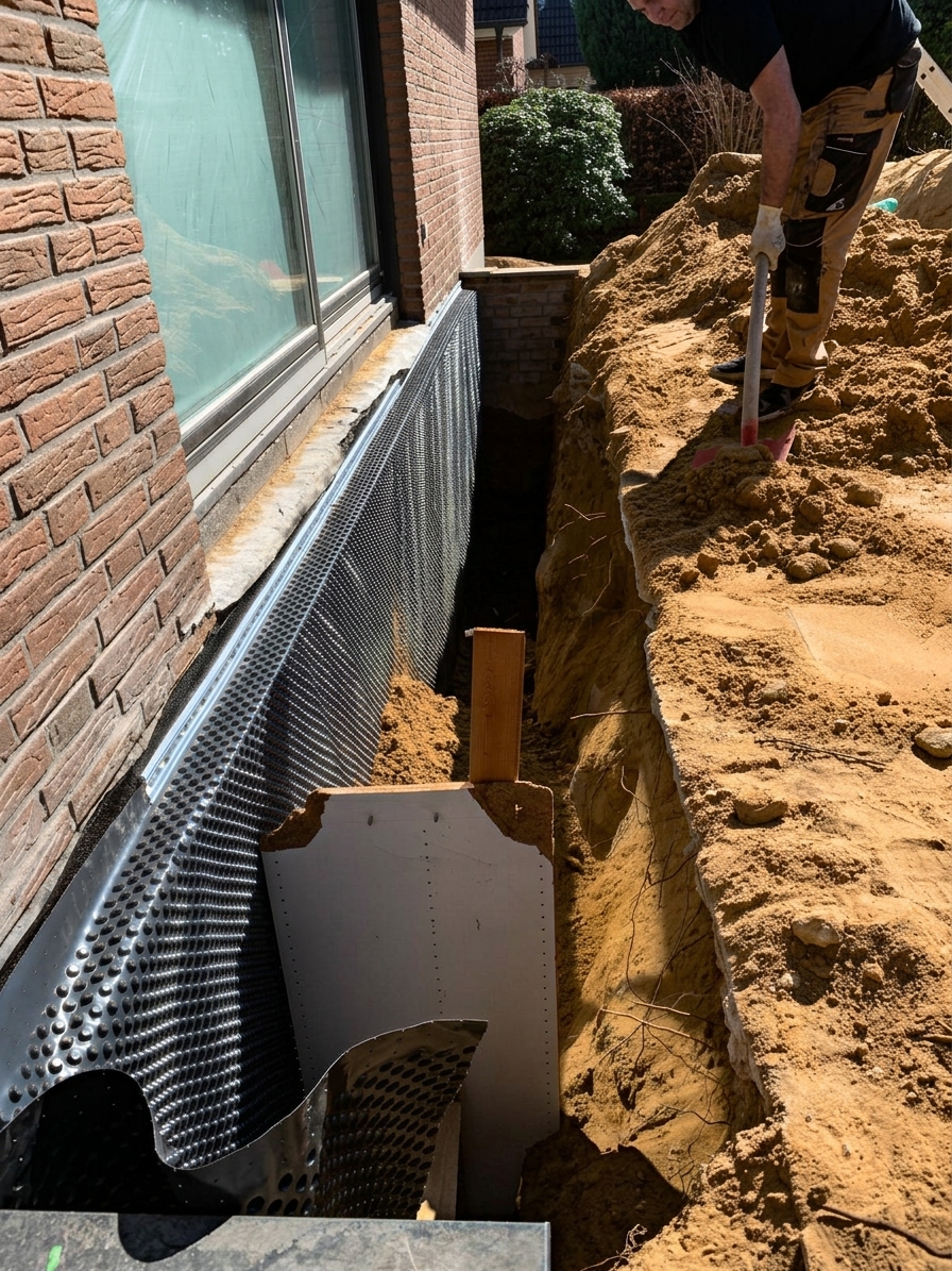 Die Noppenbahn ist gesetzt, der Arbeitsgraben wird lagenweise mit Sand wiederverfüllt.