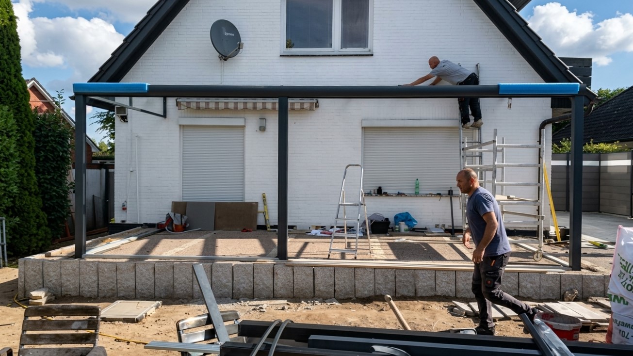 Aufbau des Terrassendachs auf der neuen Natursteinmauer; die Trägerkonstruktion wird an der Giebelwand befestigt.