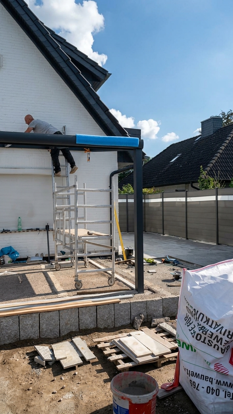 Die Dachkonstruktion steht; die Randträger werden montiert, während die Terrassenplatten zum Verlegen bereitliegen.