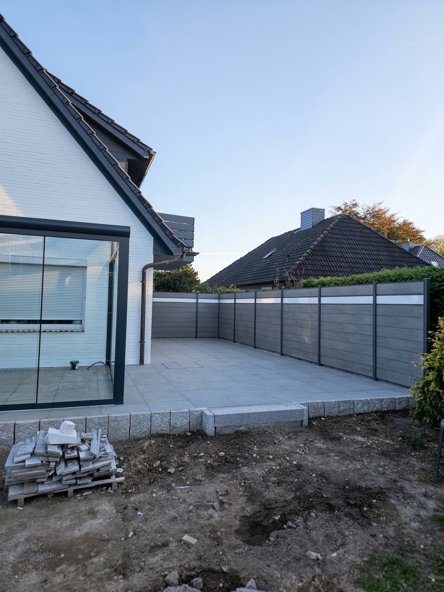 Die fertige Terrasse mit großformatigem Plattenbelag und neuem Sichtschutzzaun; nur die Rasenfläche fehlt noch.