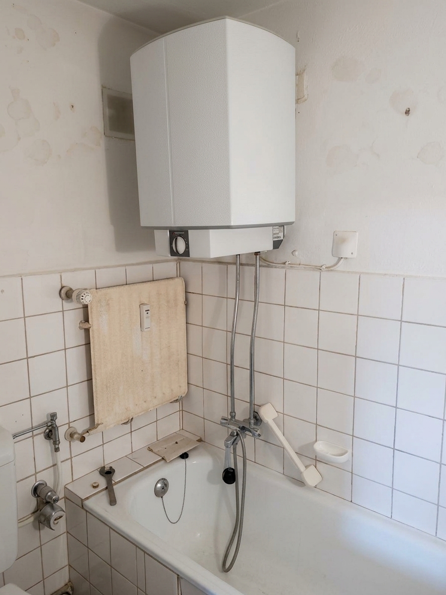 Vorher: alter Warmwasserspeicher über der Wanne, veraltete Armaturen und stellenweise offene Wandflächen.