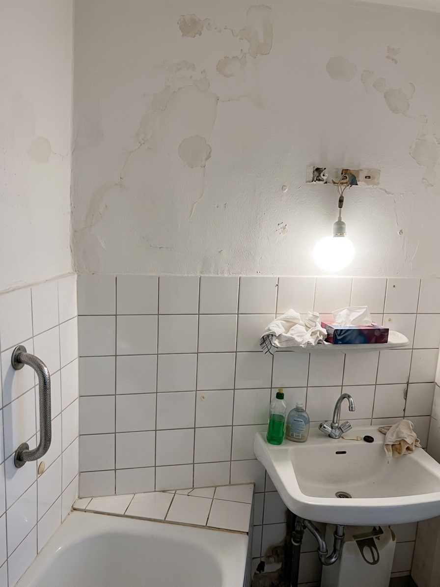Vorher: schadhafter Putz mit Feuchtespuren über der alten Fliesenkante, freiliegende Leitungen und veraltete Sanitärobjekte.